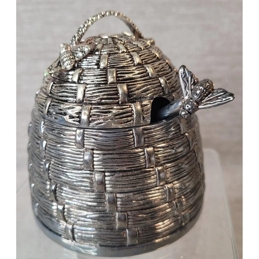 Godinger Art Beehive Honey Pot w/ Lid & Bee Honey Dipper Silver Plate Complete